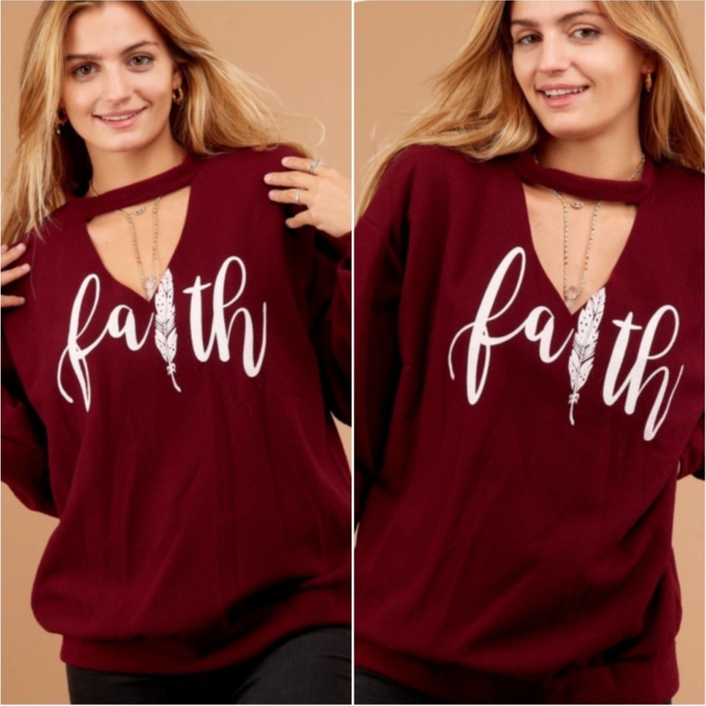 B35S🍁Flirty+fun burgundy “Faith” sweatshirt w/keyhole opening+oversized fit🍁